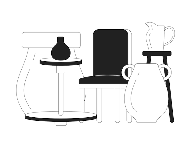 Выставка керамической посуды монохромный плоский векторный объект Керамика творческое хобби Мастерская Редактируемый черно-белый значок тонкой линии Простой мультяшный клип-арт пятно иллюстрации для веб-графического дизайна
