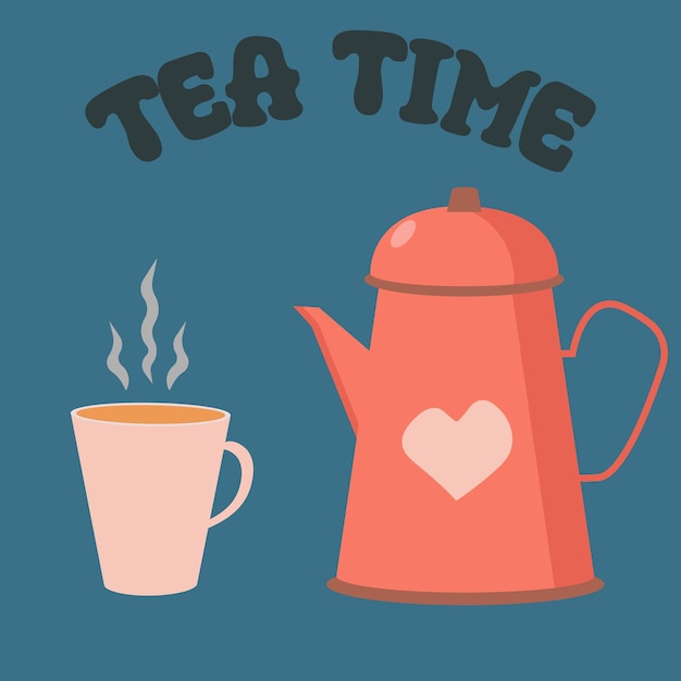 Керамический чайник и чашка время чая домашний декор горшок с горячим напитком фарфоровая кухня вектор