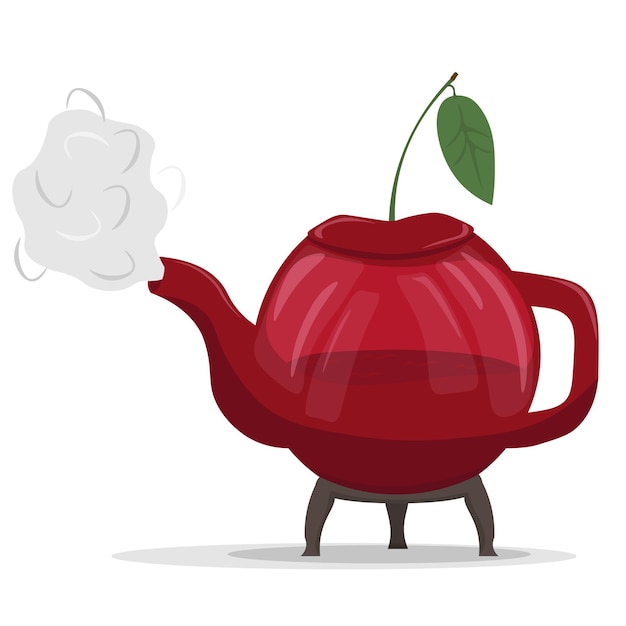 Ceramic kettle or teapot in the form of a large red cherry with smoke flat illustration