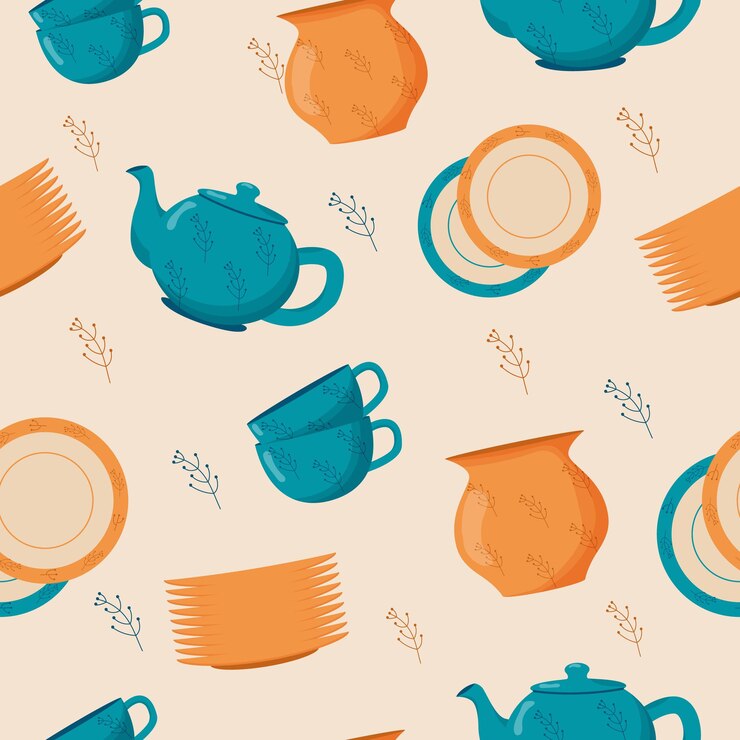 Vector ceramic kitchenware seamless pattern cute handmade ceramic plates mugs kitchen tools pottery