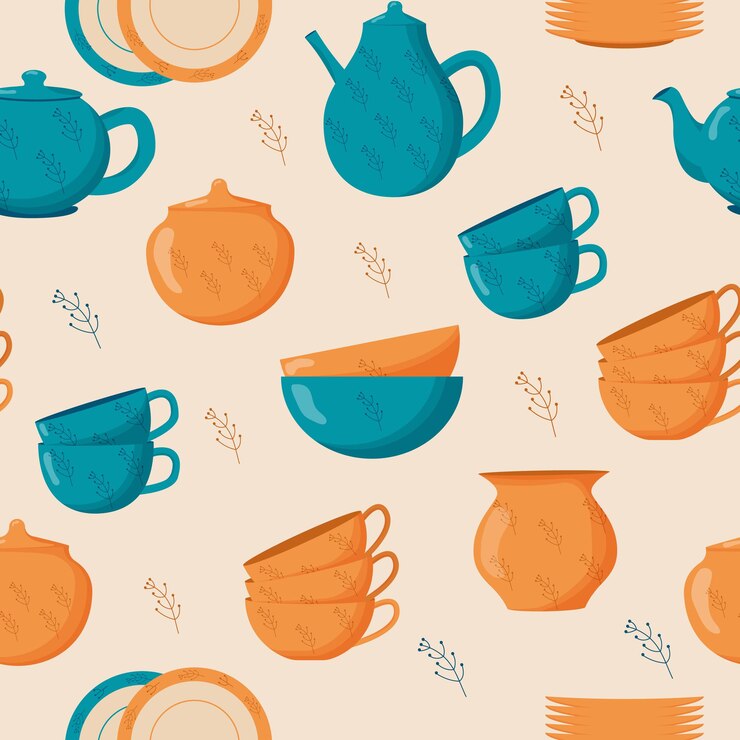 Vector ceramic kitchenware seamless pattern. cute handmade ceramic plates, mugs, sugar bowl, teapots, dishes. kitchen tools, pottery