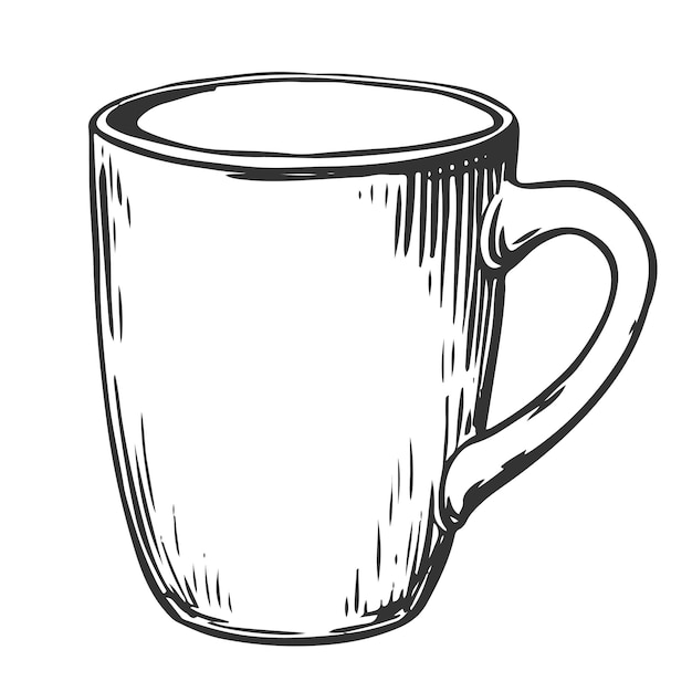 Vector ceramic mug vector sketch of a white cup for hot coffee or tea the drawing is highlighted on a white background in the style of an engraving handdrawn illustration for a cafe