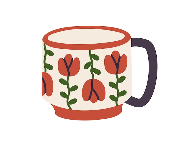 ceramic mug with flower pattern modern tea and coffee cup painted and decorated with floral print beautiful teacup cute crockery pottery flat vector illustration isolated on white background