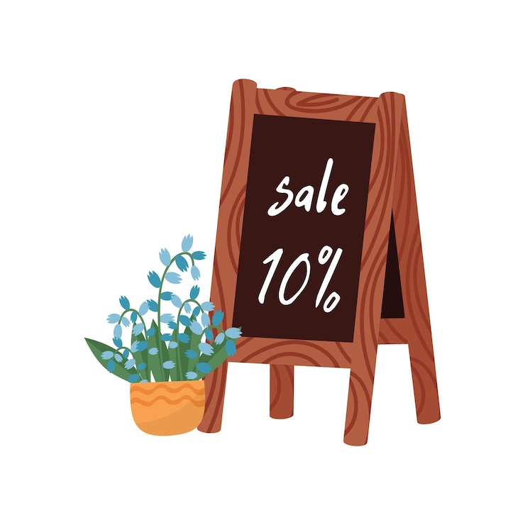 Vector ceramic pot with beautiful flower and wooden announcement chalkboard with sale text blooming plant for home decor floral theme colorful vector icon in flat style isolated on white background