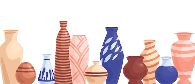 Ceramic pots and flower vases border. different pottery objects. banner with porcelain, clay and earthen empty vessels. modern crockery items. flat vector illustration isolated on white background.