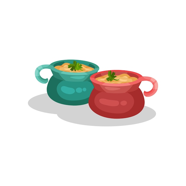 Ceramic pots of onion soup delicious dish of French cuisine vector Illustration on a white background