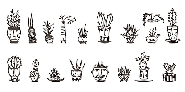 Ceramic pots with cactus comic faces black doodle emotions characters plant ceramics pottery vases trendy concept cartoon style hand drawn illustration isolated on white background vector set