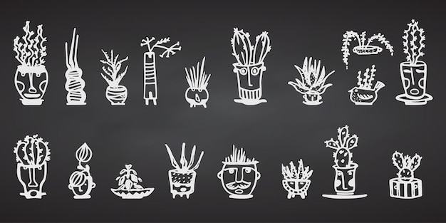 Ceramic pots with cactus comic faces White doodle emotions characters Plant ceramics Pottery vases trendy concept Cartoon style Hand drawn illustration isolated on chalkboard background Vector set