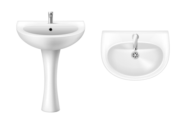 セラミックシンクの正面図と上面図。トイレの洗面器手を洗うため。クロームの蛇口が付いている古典的な白い浴室の洗面台の磁器の国産の道具。現実的な3dベクトル図
