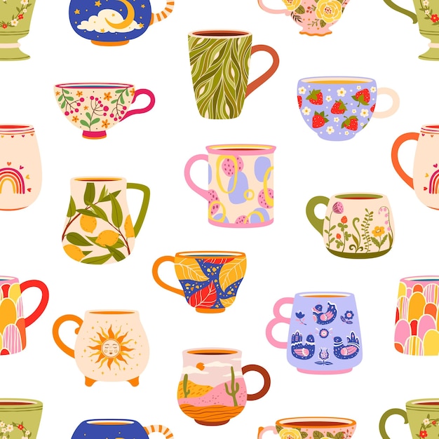 Ceramic tea cups and coffee mugs seamless pattern