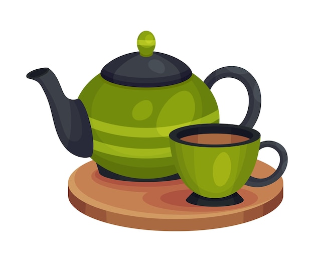 Ceramic Teapot and Cup with Hot Drink Standing on Wooden Plank Vector Illustration