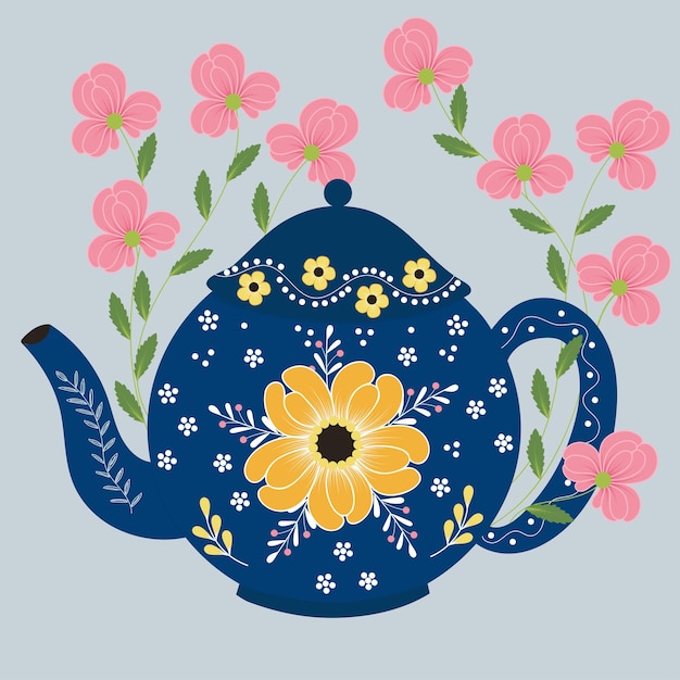 Vector ceramic teapot with flowers