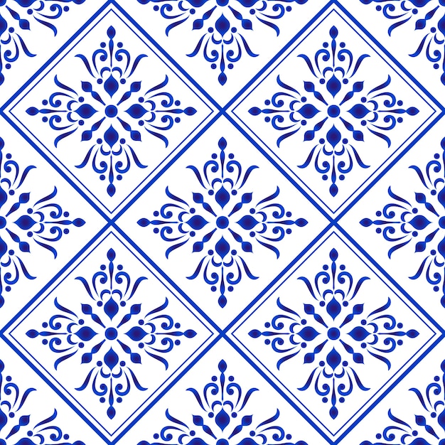 Vector ceramic tile pattern blue and white damask and baroque style