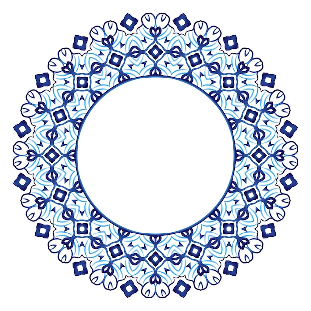 세라믹 타일 패턴 장식 라운드 장식 아트 프레임이 있는 흰색 배경 이슬람 인도 아랍어 모티브