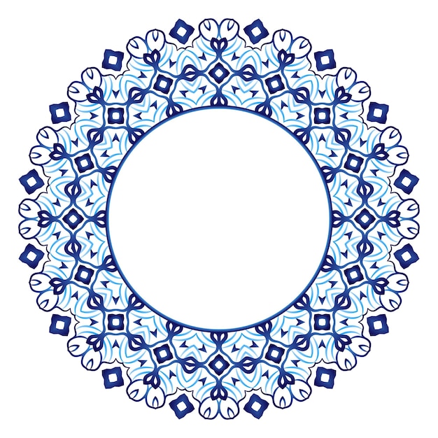 Ceramic tile pattern decorative round ornament white background with art frame islamic indian arabic motifs