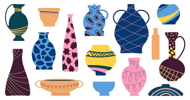 Vasi in ceramica vaso antico icone di ceramica antica vaso di terracotta e brocca ciotola di argilla forme vettoriali decenti a mano libera piatte ed eleganti