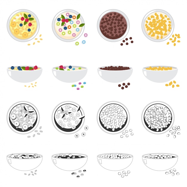 Vector cereal bowl cartoon set isolated