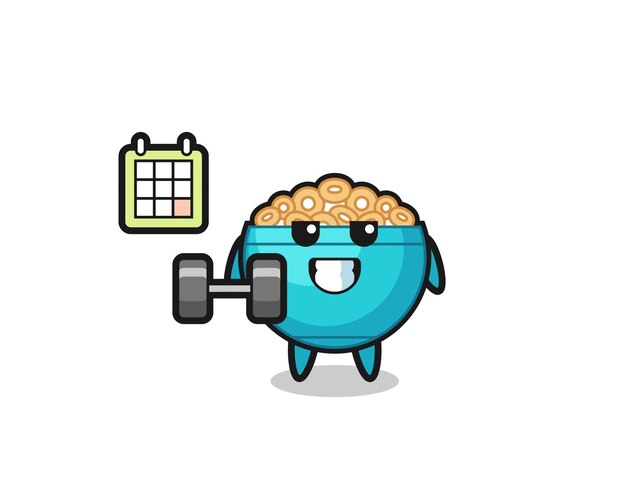 Cereal bowl mascot cartoon doing fitness with dumbbell