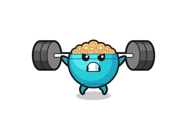 Cereal bowl mascot cartoon with a barbell