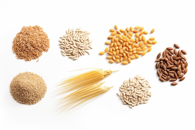 Cereal Grains Seeds Rye Wheat Barley Oat Sunflower Corn Flax Poppy on white background