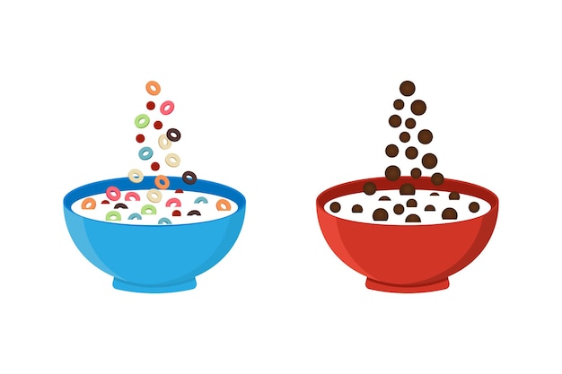 Cereal milk breakfast Bowls with different flakes Healthy food vector