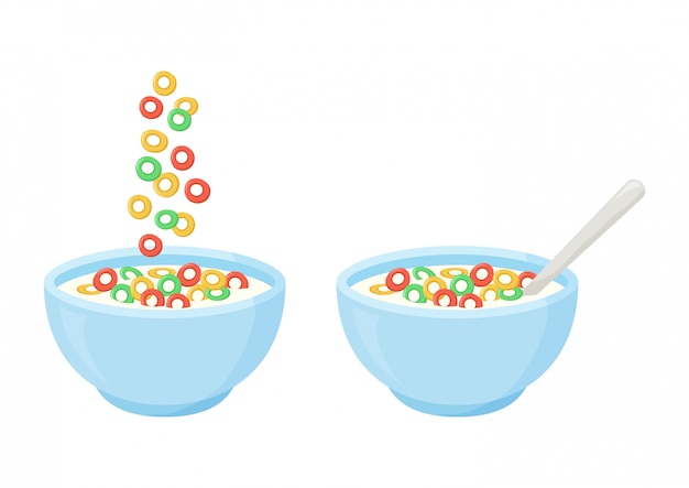 Vector cereal milk breakfast. ceramic bowl with falling sweet flakes and spoon.