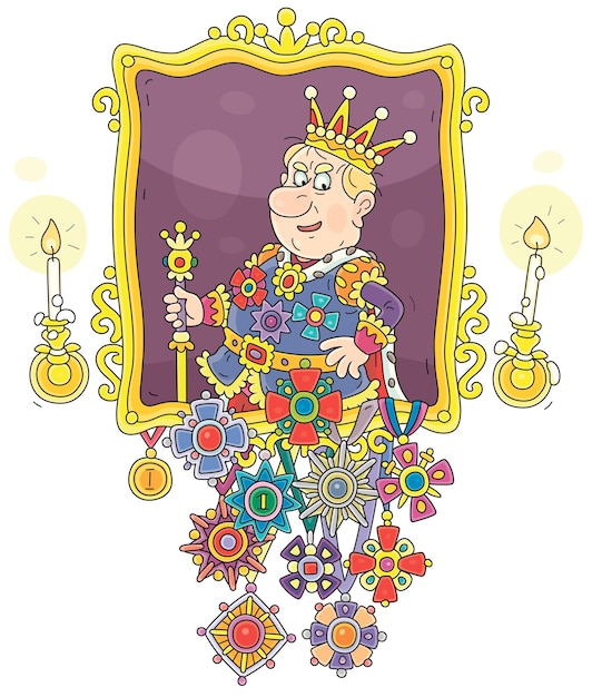 Ceremonial portrait of a funny angry king with orders and medals hanging under an ornate gold frame