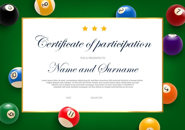 Certificaat van deelname aan biljarttoernooi, diplomamalplaatje met ballen op groene doek.