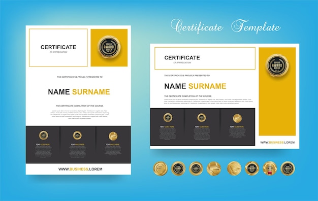 Certificaat van waardering of award diploma sjabloonontwerp en vector gouden luxe premium badges