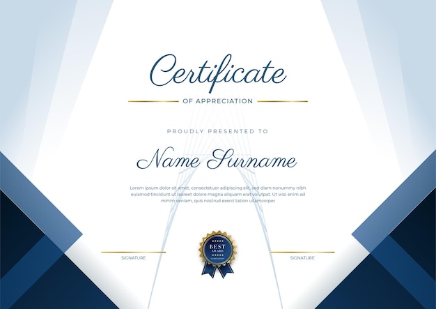 Certificaat van waardering sjabloon goud en blauwe kleur schoon modern certificaat met gouden badge certificaatrandsjabloon met luxe en modern lijnpatroon diploma vectorsjabloon