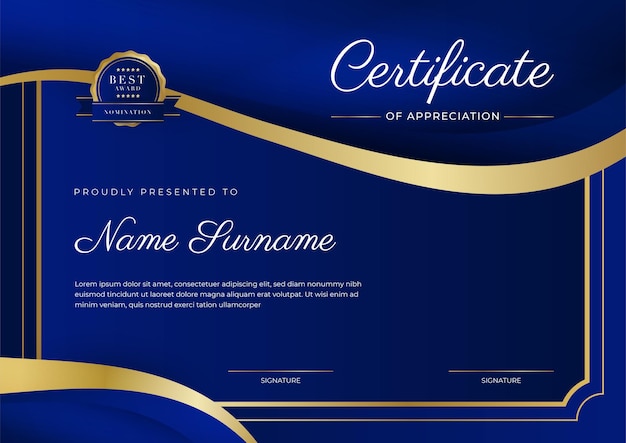 Certificaat van waardering sjabloon goud en blauwe kleur Schoon modern certificaat met gouden badge Certificaatrandsjabloon met luxe en modern lijnpatroon Diploma vectorsjabloon