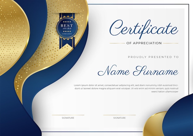 Certificaat van waardering sjabloon goud en blauwe kleur schoon modern certificaat met gouden badge certificaatrandsjabloon met luxe en modern lijnpatroon diploma vectorsjabloon