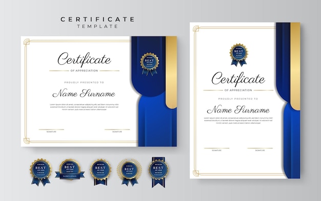 Certificaat van waardering sjabloon goud en blauwe kleur schoon modern certificaat met gouden badge certificaatrandsjabloon met luxe en modern lijnpatroon diploma vectorsjabloon