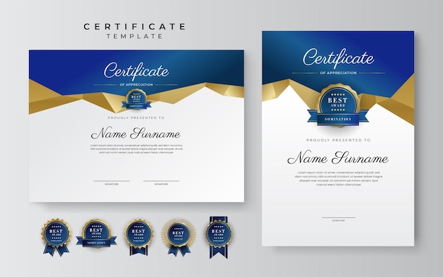 Certificaat van waardering sjabloon goud en blauwe kleur Schoon modern certificaat met gouden badge Certificaatrandsjabloon met luxe en modern lijnpatroon Diploma vectorsjabloon