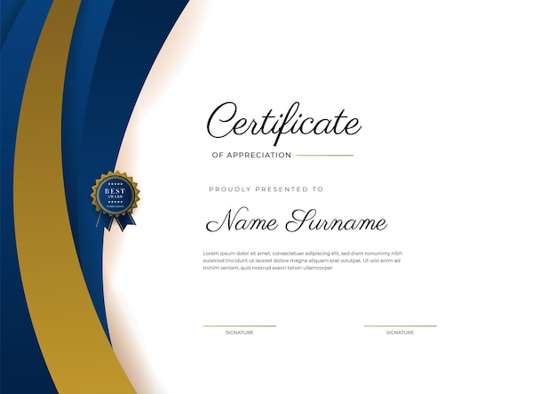 Certificaat van waardering sjabloon goud en blauwe kleur Schoon modern certificaat met gouden badge Certificaatrandsjabloon met luxe en modern lijnpatroon Diploma vectorsjabloon