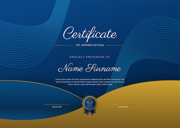 Certificaat van waardering sjabloon goud en blauwe kleur Schoon modern certificaat met gouden badge Certificaatrandsjabloon met luxe en modern lijnpatroon Diploma vectorsjabloon