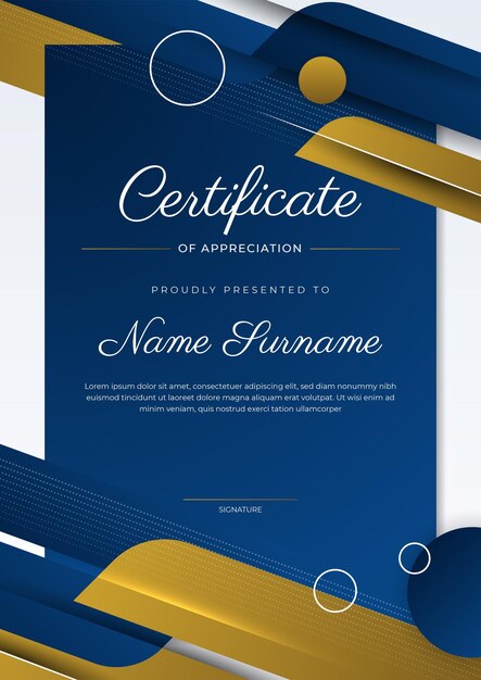 Certificaat van waardering sjabloon goud en blauwe kleur schoon modern certificaat met gouden badge certificaatrandsjabloon met luxe en modern lijnpatroon diploma vectorsjabloon