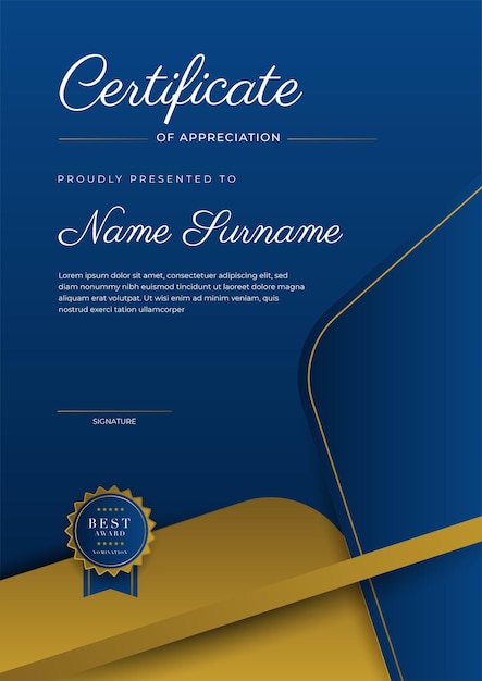 Certificaat van waardering sjabloon goud en blauwe kleur Schoon modern certificaat met gouden badge Certificaatrandsjabloon met luxe en modern lijnpatroon Diploma vectorsjabloon