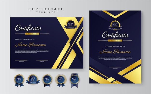 Certificaat van waardering sjabloon goud en blauwe kleur Schoon modern certificaat met gouden badge Certificaatrandsjabloon met luxe en modern lijnpatroon Diploma vectorsjabloon