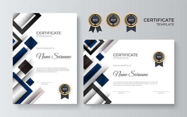 Certificaat van waardering sjabloon, goud en blauwe kleur. schoon modern certificaat met gouden kenteken. certificaatrandsjabloon met luxe en modern lijnpatroon. diploma vector sjabloon