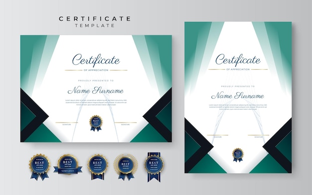 Certificaat van waardering sjabloon goud en zwart groene kleur schoon modern certificaat met gouden badge certificaat grens sjabloon met luxe en modern lijnpatroon diploma vector sjabloon
