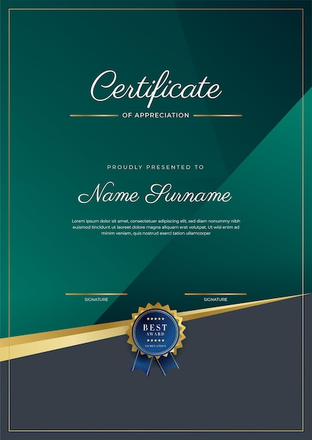 Certificaat van waardering sjabloon goud en zwart groene kleur schoon modern certificaat met gouden badge certificaat grens sjabloon met luxe en modern lijnpatroon diploma vector sjabloon