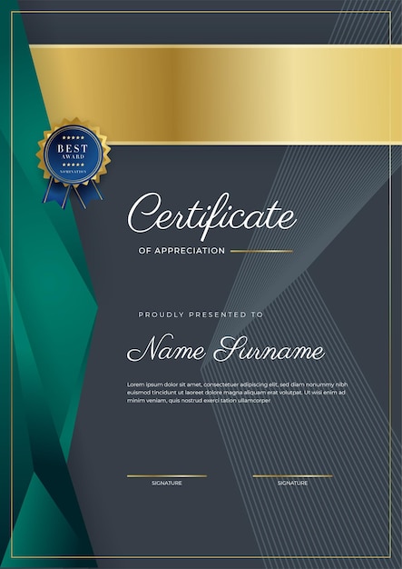 Certificaat van waardering sjabloon goud en zwart groene kleur Schoon modern certificaat met gouden badge Certificaat grens sjabloon met luxe en modern lijnpatroon Diploma vector sjabloon