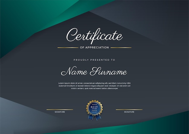 Certificaat van waardering sjabloon goud en zwart groene kleur Schoon modern certificaat met gouden badge Certificaat grens sjabloon met luxe en modern lijnpatroon Diploma vector sjabloon