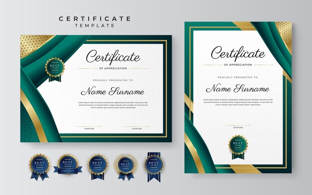 Certificaat van waardering sjabloon goud en zwart groene kleur schoon modern certificaat met gouden badge certificaat grens sjabloon met luxe en modern lijnpatroon diploma vector sjabloon