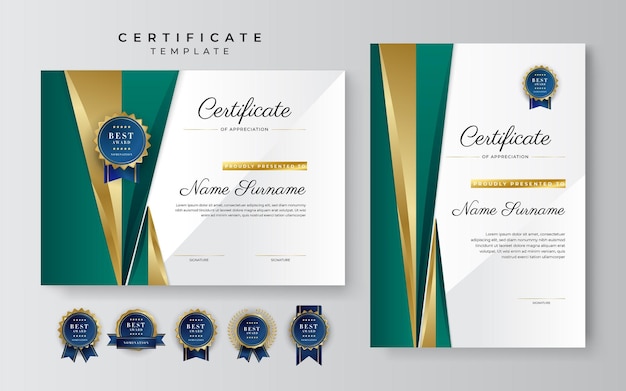 Certificaat van waardering sjabloon goud en zwart groene kleur Schoon modern certificaat met gouden badge Certificaat grens sjabloon met luxe en modern lijnpatroon Diploma vector sjabloon