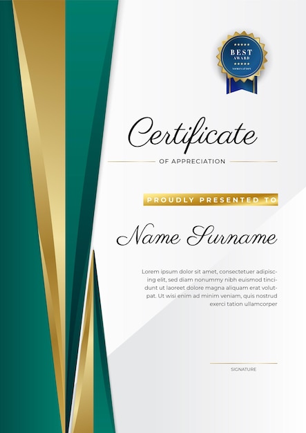 Certificaat van waardering sjabloon goud en zwart groene kleur Schoon modern certificaat met gouden badge Certificaat grens sjabloon met luxe en modern lijnpatroon Diploma vector sjabloon