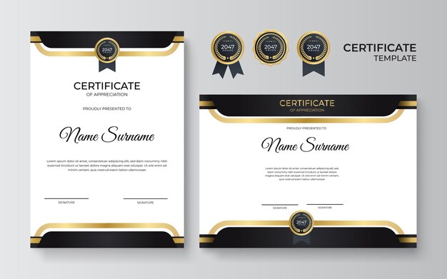 Certificaat van waardering sjabloon, goud en zwarte kleur. Schoon modern certificaat met gouden kenteken. Certificaatrandsjabloon met luxe en modern lijnpatroon. Diploma vector sjabloon