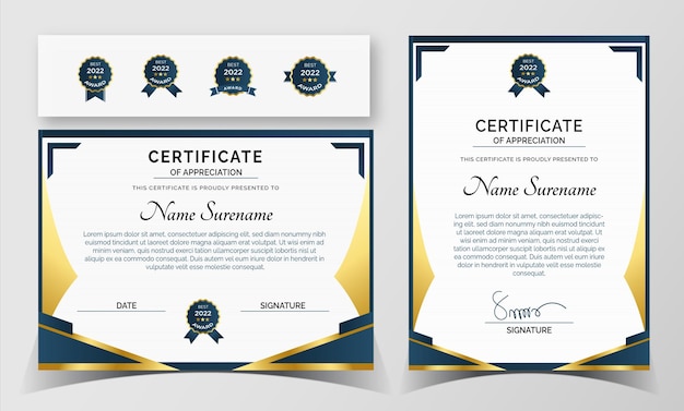 Certificaat van waardering sjabloon gouden en blauwe kleur schoon modern certificaat met gouden badge