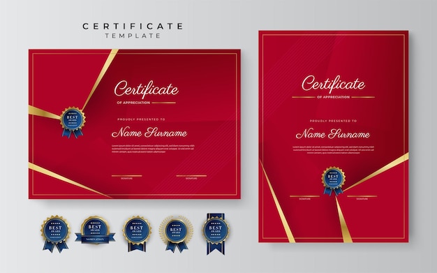 Certificaat van waardering sjabloon gouden en rode kleur Schoon modern certificaat met gouden badge Certificaatrandsjabloon met luxe en modern lijnpatroon Diploma vectorsjabloon